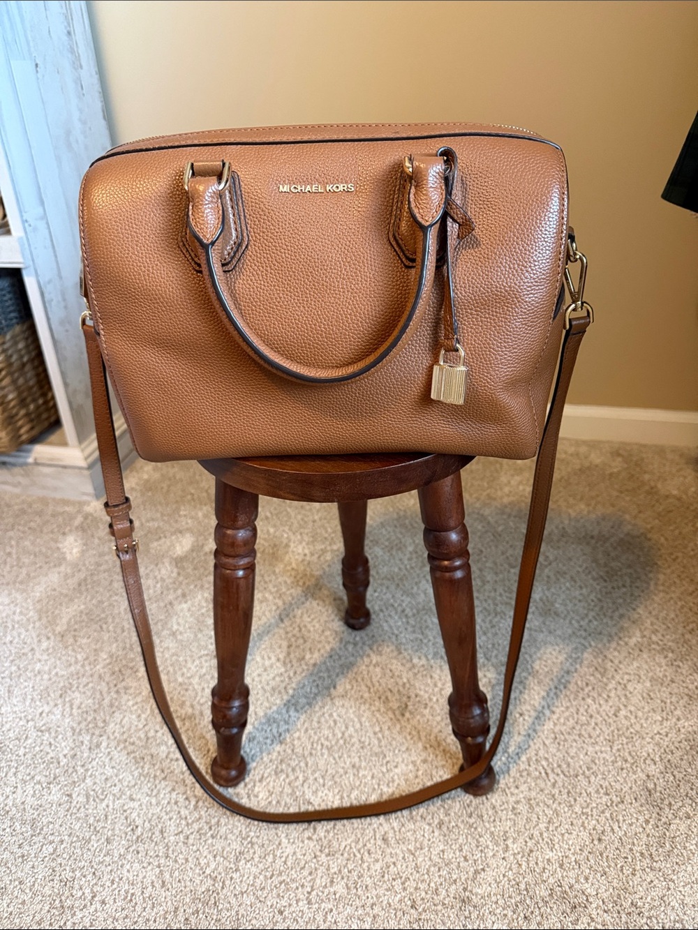 Michael Kors Cognac Pebbled Leather Satchel with Gold Accent